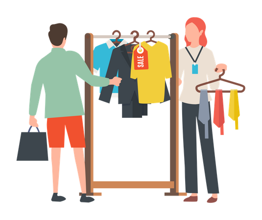 Hombre haciendo compras de ropa en la tienda  Ilustración