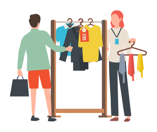 Hombre haciendo compras de ropa en la tienda  Ilustración