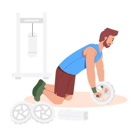 Hombre haciendo rueda abdominal  Ilustración