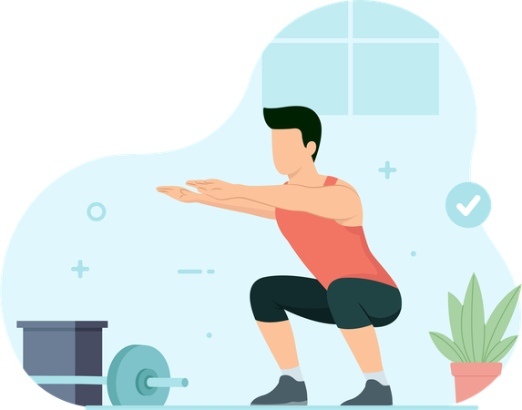 Hombre haciendo sentadillas en el aire en el gimnasio  Illustration