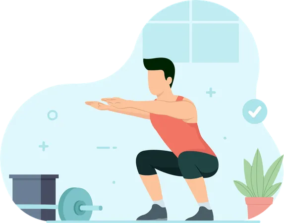 Hombre haciendo sentadillas en el aire en el gimnasio  Illustration