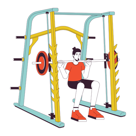 Hombre haciendo sentadillas en power rack  Ilustración