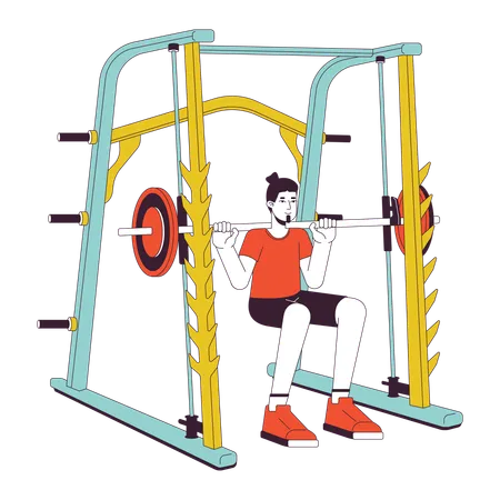 Hombre haciendo sentadillas en power rack  Ilustración