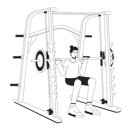 Hombre haciendo sentadillas en power rack  Ilustración