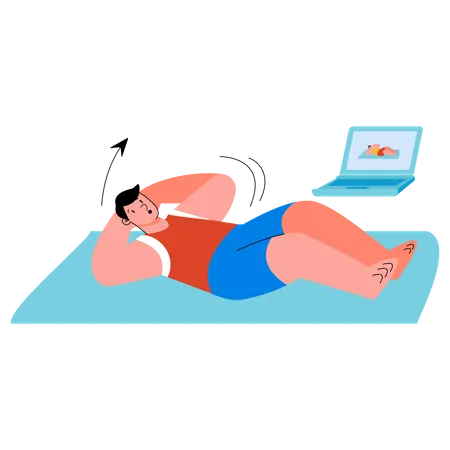Hombre haciendo una sesión de entrenamiento en línea en casa  Ilustración