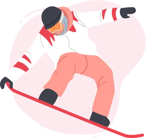 Entretenimiento De Actividades De Viaje Chica Feliz Montando Snowboard En Pistas De Nieve Durante Las Vacaciones De Invierno Deportista Divirtiendose En La Estacion De Esqui Yendo Cuesta Abajo Ilustracion Vectorial De Dibujos Animados Ilustración