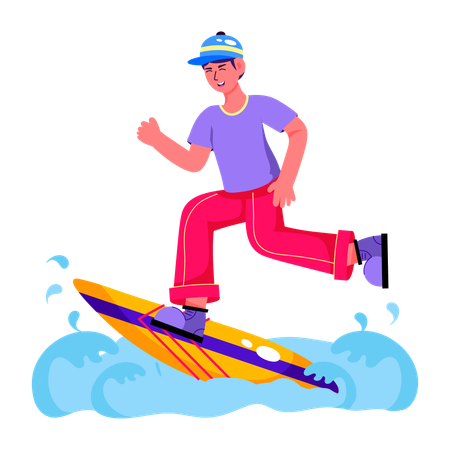 Hombre haciendo surf en el agua del mar  Ilustración