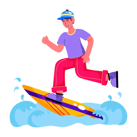 Hombre haciendo surf en el agua del mar  Ilustración