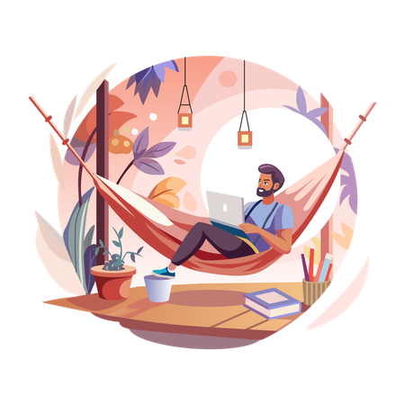 Hombre haciendo trabajo de vacaciones  Ilustración