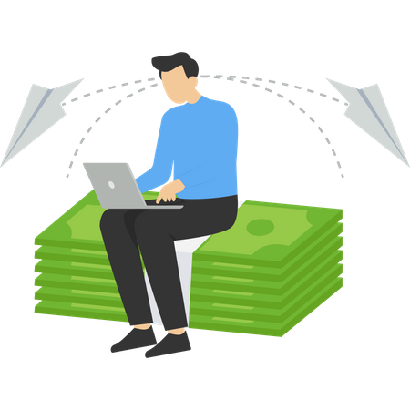Hombre haciendo transacciones de dinero en la computadora portátil  Ilustración