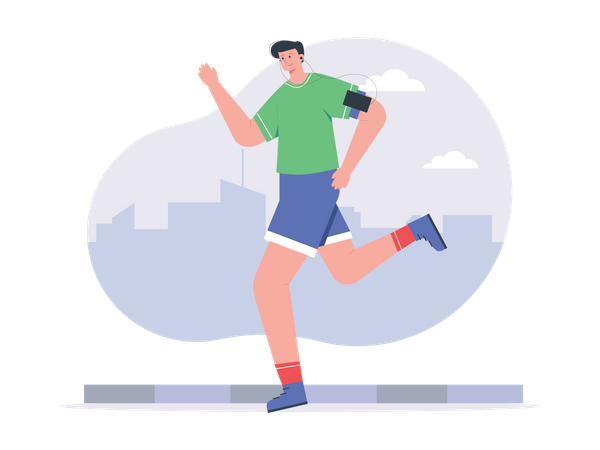 Hombre haciendo jogging mientras escucha canciones.  Ilustración