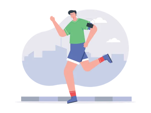 Hombre haciendo jogging mientras escucha canciones.  Ilustración