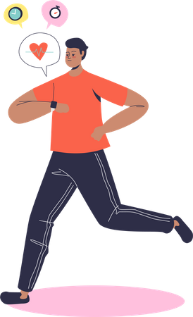 Hombre haciendo jogging mientras usa el rastreador de reloj inteligente  Ilustración