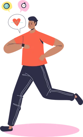 Hombre haciendo jogging mientras usa el rastreador de reloj inteligente  Ilustración