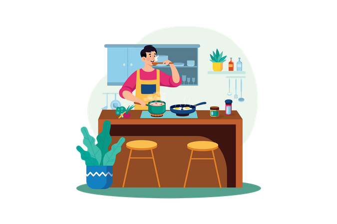 Hombre haciendo un plato en la cocina  Ilustración