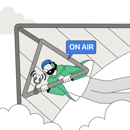 Hombre haciendo un podcast en un ala delta  Ilustración