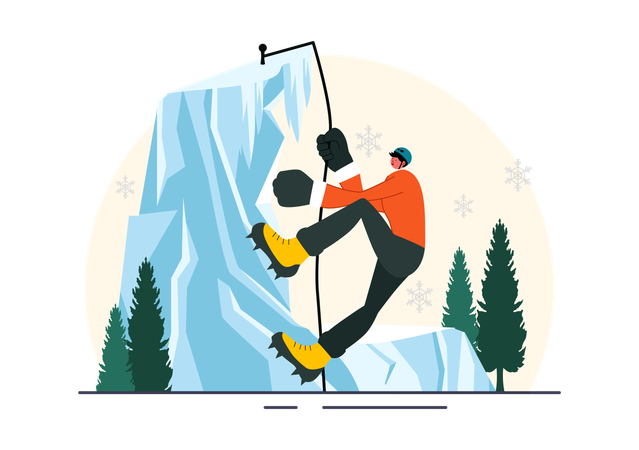 Hombre haciendo aventura de escalada en hielo  Ilustración