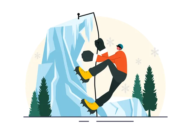 Hombre haciendo aventura de escalada en hielo  Ilustración