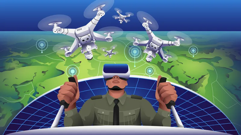 Hombre realizando vigilancia con drones utilizando gafas VR para servicios de emergencia  Ilustración