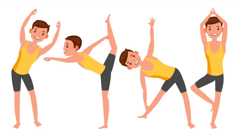 Hombre haciendo yoga con diferentes posturas  Ilustración