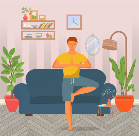 Hombre haciendo yoga en casa  Ilustración