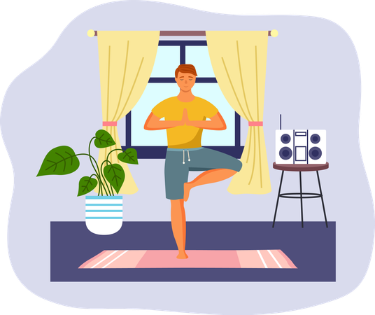 Hombre haciendo yoga en casa  Ilustración