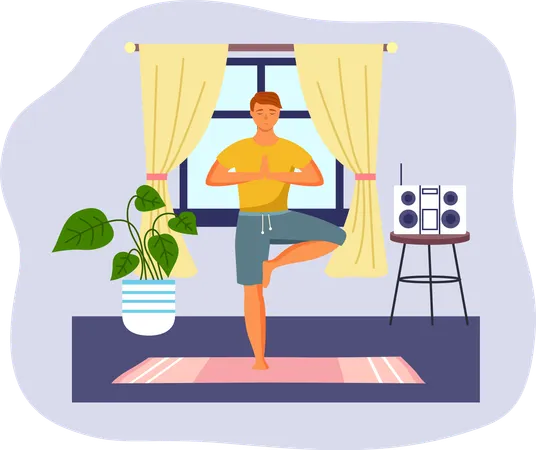 Hombre haciendo yoga en casa  Ilustración