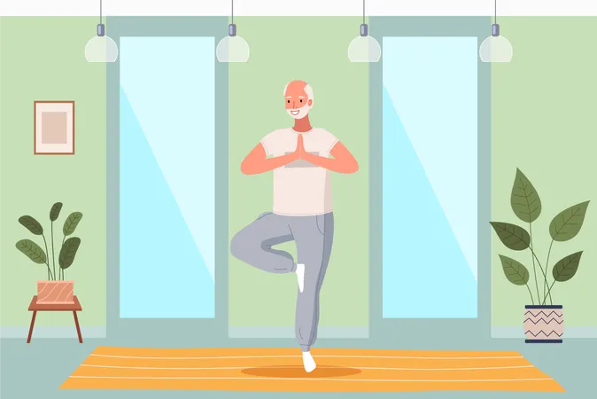 Hombre haciendo yoga en casa  Ilustración