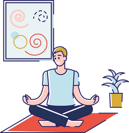 Hombre haciendo yoga en casa  Ilustración