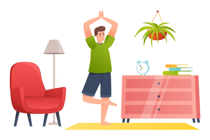 Hombre haciendo yoga en casa  Ilustración
