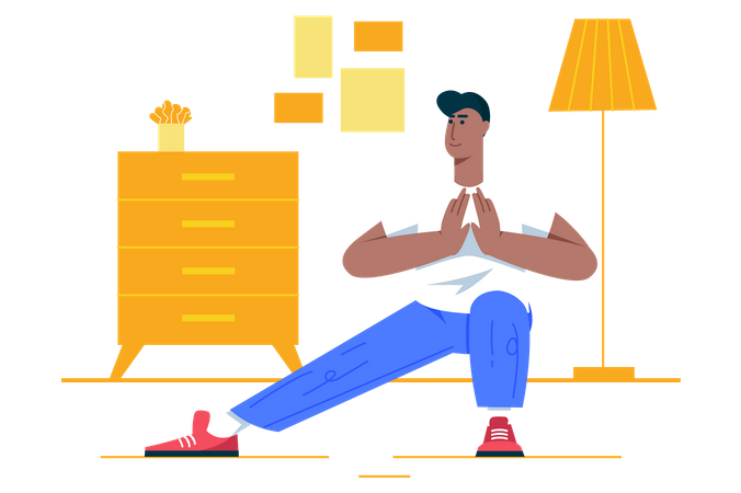 Hombre haciendo yoga en casa  Ilustración