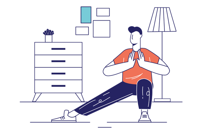 Hombre haciendo yoga en casa  Ilustración