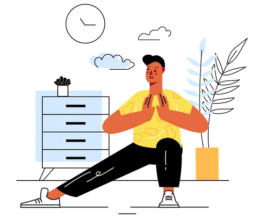 Hombre haciendo yoga en casa  Ilustración