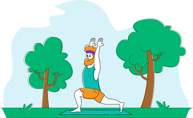 Hombre haciendo yoga en el jardín  Ilustración