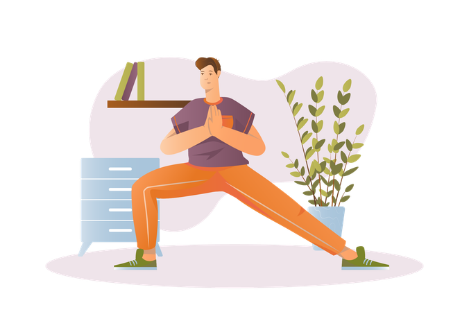 Hombre haciendo yoga matutino en casa  Ilustración