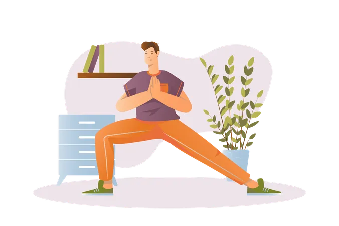 Hombre haciendo yoga matutino en casa  Ilustración