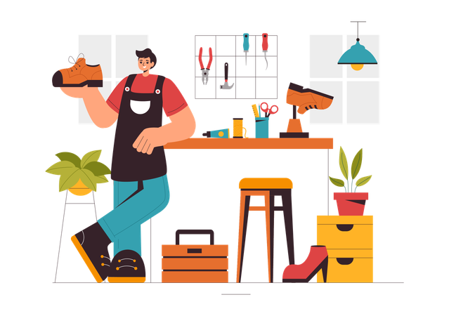 Hombre haciendo zapatos de cuero  Illustration