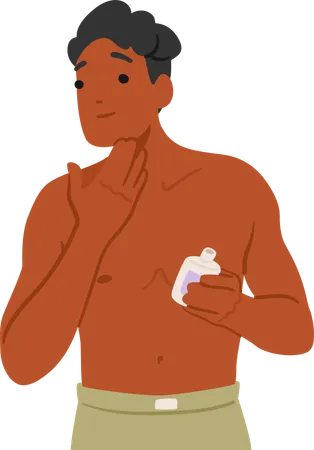 El hombre hidrata su rostro con crema  Ilustración