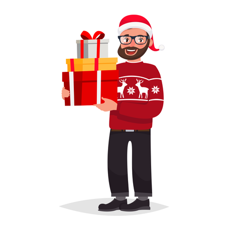 Hombre hipster con gafas y barba vestido con un suéter y un sombrero de Navidad sostiene regalos  Ilustración