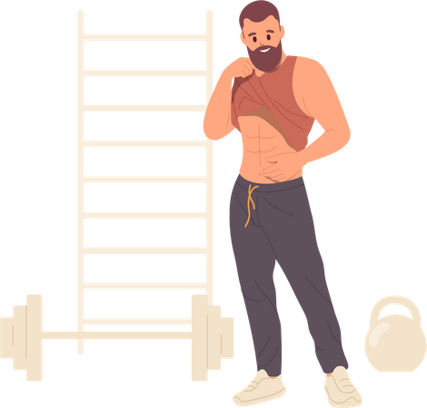 Hombre deportivo hipster alardeando de su fuerte músculo abdominal después de ejercicio físico en el gimnasio  Ilustración