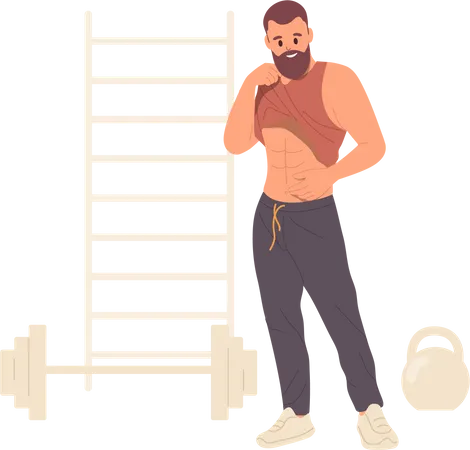 Hombre deportivo hipster alardeando de su fuerte músculo abdominal después de ejercicio físico en el gimnasio  Ilustración