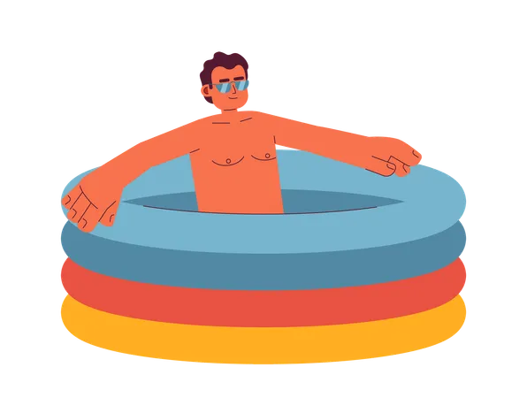 Hombre hispano de gafas de sol en piscina inflable  Ilustración