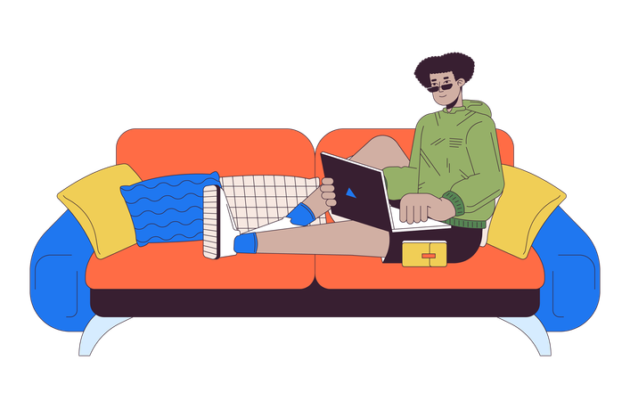 Hombre hispano con portátil sentado en el sofá  Ilustración