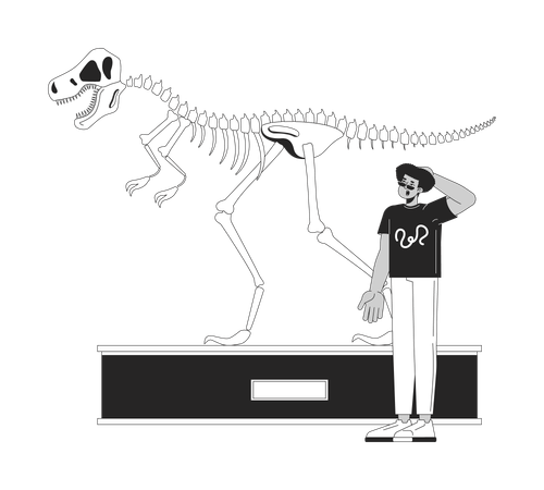 Hombre hispano mirando la exhibición de fósiles de tiranosaurio rex  Ilustración