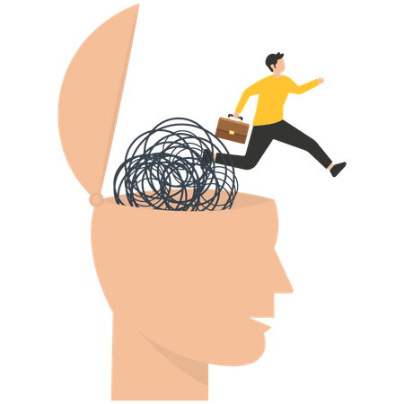 El hombre huye escapar del desorden línea enredada cerebro en su cabeza abierta  Ilustración