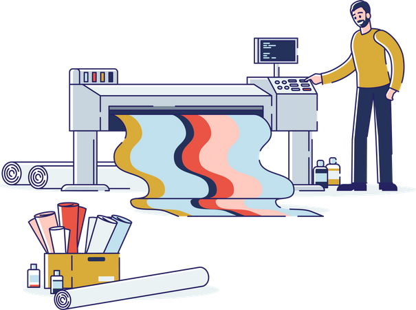 Hombre imprimiendo en un banner de gran formato con trazador con tinta colorida  Ilustración
