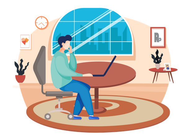 Hombre independiente trabajando en la computadora en casa  Ilustración