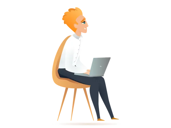 Hombre independiente trabajando en una computadora portátil mientras está sentado en una silla  Ilustración