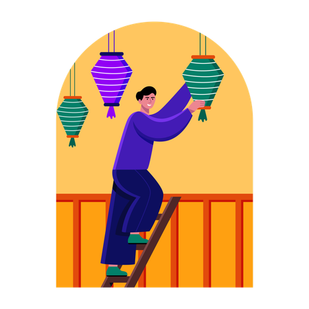 Hombre indio colgando linternas para la celebración de Diwali  Ilustración