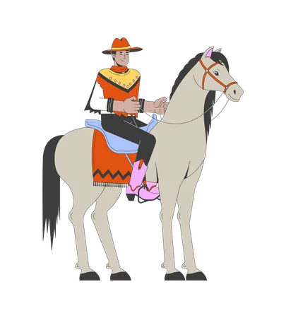 Hombre indio en traje de vaquero a caballo  Ilustración